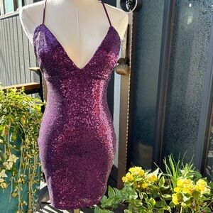 Lucy in The Sky Jenna Backless Bodycon Purple Sequined Sparkle Dress